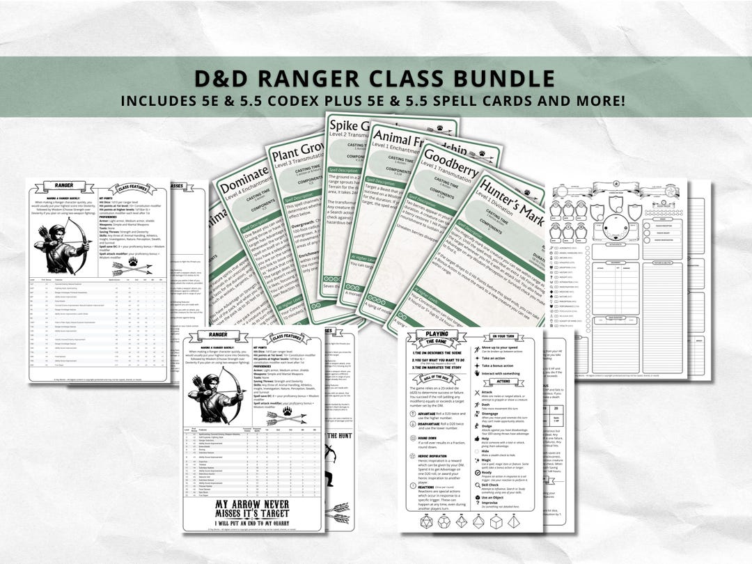 D&D Ranger Class Bundle: 5e, 5.5e Spell Cards, Character Sheet (digital ...