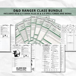 May include: A selection of D&D Ranger Class Bundle materials, including 5E & 5.5 Codex, spell cards, and more. The image shows character sheets, spell cards, and a banner with the text "D&D Ranger Class Bundle". The text "My arrow never misses its target" is also visible.