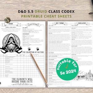May include: Two-page printable cheat sheets for D&D 5.5 Druid class codex. The left page features a detailed illustration of a druid and the text "The Champion of Nature". The right page has key terms and sub-classes. A pencil, dice, and a sword are also visible.