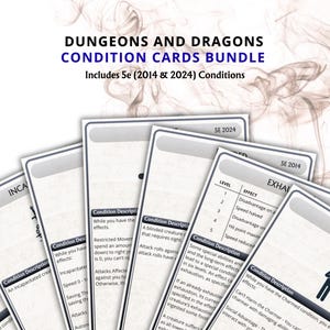 Peut inclure: Un ensemble de cartes de conditions Dungeons and Dragons. Les cartes blanches avec un bord gris présentent des descriptions et des effets de conditions. Le texte "Dungeons and Dragons Condition Cards Bundle" est en haut. Inclut les conditions 5e (2014 et 2024).