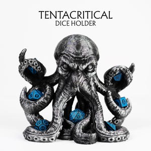 May include: A detailed, metallic grey octopus dice holder with blue dice. The tentacles of the octopus cradle the dice. The text "TENTACRITICAL DICE HOLDER" is above the octopus. This item is for tabletop gaming enthusiasts.