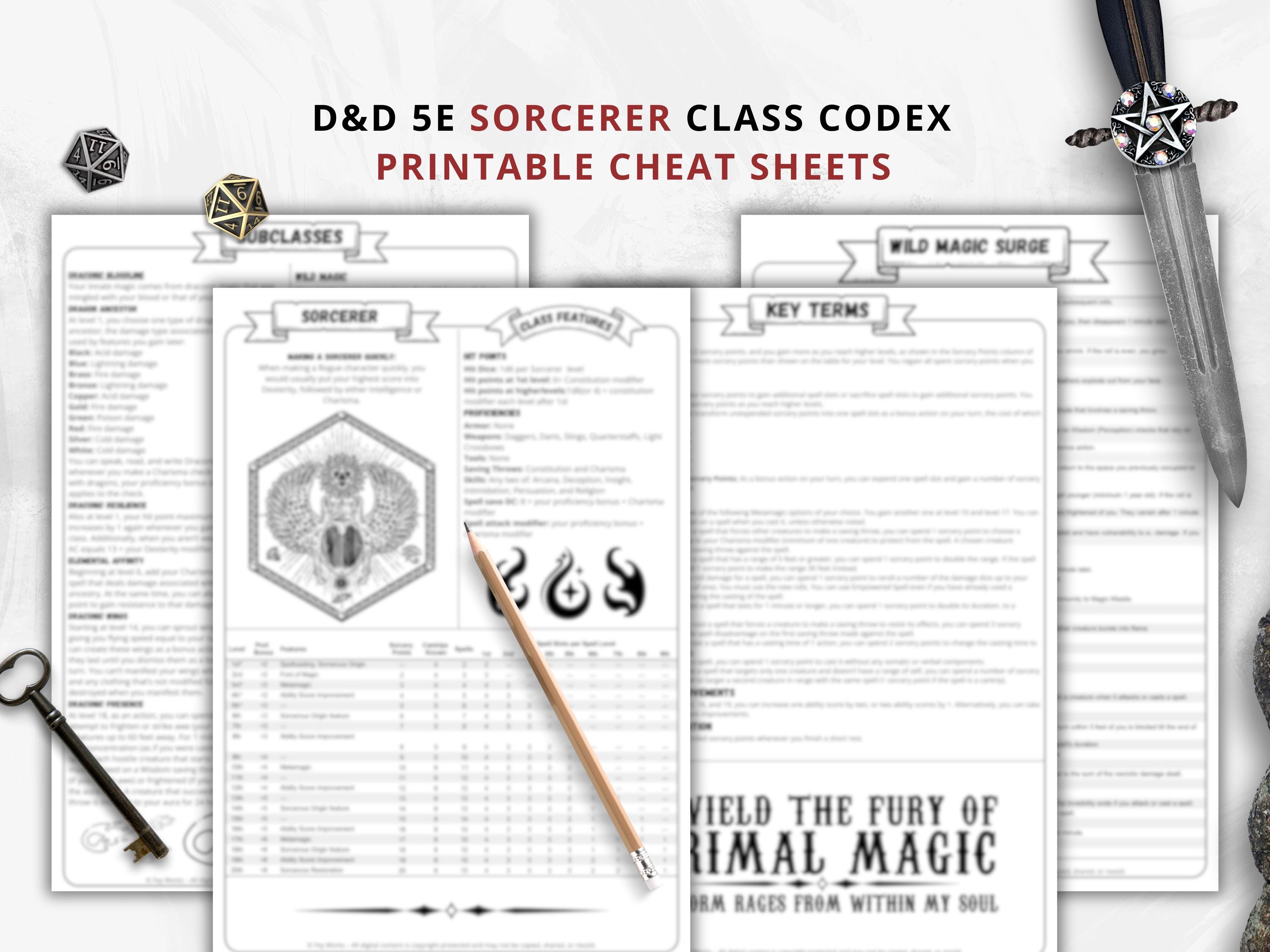 D&D 5e Sorcerer Class Codex | Printable Player Aid PDF (reference ...
