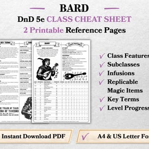 D&D 5e Bard Class Codex Printable | Bard Cheat Sheet | DnD Player Aid PDF | Tabletop RPG Reference