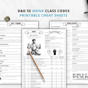 May include: Printable cheat sheets for the D&D 5E Monk class, featuring key terms, class features, and subclasses. The image includes a pencil, dice, a decorative key, and a sword.
