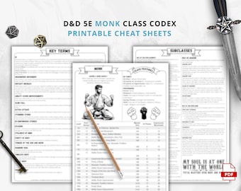 DnD 5e Monk Class Codex Printable | Monk Cheat Sheet | DnD Player Aid PDF | Tabletop RPG Reference
