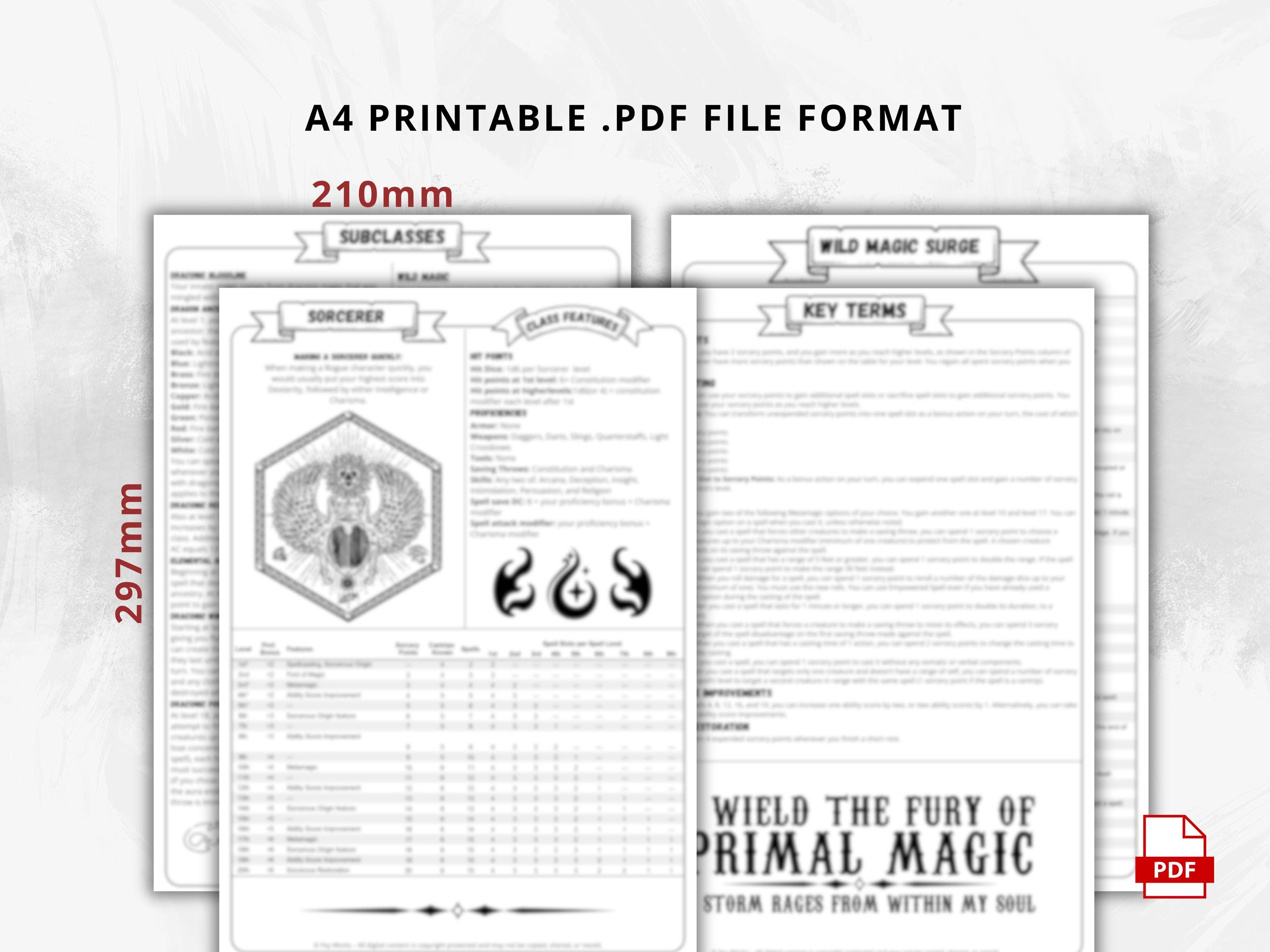 D&D 5e Sorcerer Class Codex | Printable Player Aid PDF (reference ...