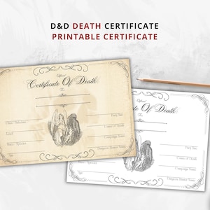 Certificato di morte di D&D, Certificato di morte per TTRPG, Dungeons and Dragons stampabile, Accessori per D&D, Oggetti di scena per D&D, Regalo per giocatori di D&D, PDF