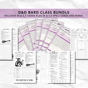 May include: A D&D Bard Class Bundle featuring a collection of cards and sheets. The bundle includes a variety of spell cards and codexes. The text on the image reads "D&D BARD CLASS BUNDLE" and "THE MASTER OF SONG".