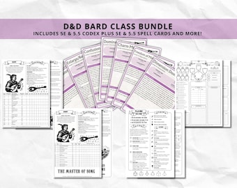 D&D Bard Class Bundle: 5e, 5.5e Spell Cards, Character Sheet (Digital Download)
