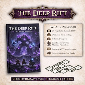 Può includere: Un libro di avventura di Dungeons & Dragons intitolato "The Deep Rift" con una copertina viola e nera con un'illustrazione fantasy. Include un elenco degli elementi inclusi e una mappa. Il testo recita "ONE-SHOT D&D ADVENTURE" e "LEVELS 5-7".