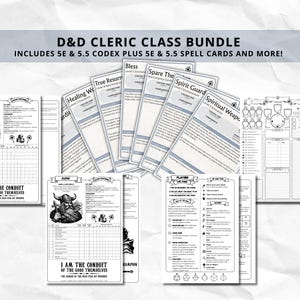 May include: A bundle of D&D Cleric Class materials, including 5E & 5.5 Codex, spell cards, and more. The bundle features character sheets with a Viking-like character illustration, spell cards, and a character sheet with a grid for gameplay.