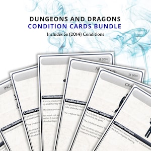 Peut inclure: Un ensemble de cartes de conditions Donjons et Dragons, comprenant les conditions 5e (2014). Les cartes blanches présentent du texte et des illustrations noirs, avec des conditions comme Incapacité et Assourdi.