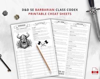 DnD 5e Barbarian Class Codex Printable | Barbarian Cheat Sheet | DnD Player Aid PDF | Tabletop RPG Reference