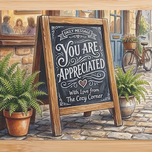 May include: Watercolor illustration of a sidewalk cafe scene. A-frame chalkboard sign with the message "You Are Appreciated" and a heart. Ferns in terracotta pots, a bicycle with a basket, and a building with a window are also visible.