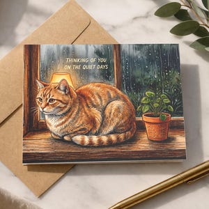 May include: Greeting card featuring an orange tabby cat resting on a windowsill, with the text "Thinking of You on the Quiet Days." A small potted plant and a lamp are also visible. The card is accompanied by a brown envelope.