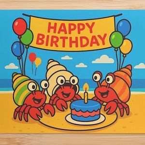 happy birthday hermit crabs on beach / funny birthday card / cheeky animal pun card / for friend, for her, for him