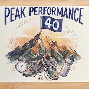 May include: Illustration with the text "PEAK PERFORMANCE" above a mountain with a flag that says "40". A stopwatch, running shoes, and a water bottle are in the foreground. The image is in a hand-drawn style.