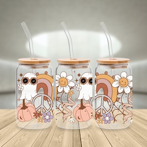 Ghost Libbey Glass png, 16oz Glass Can Wrap. Retro Ghost png, Fall Glass Cup png, uv dtf, Can Glass png