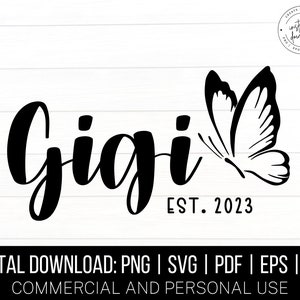 May include: Black and white design featuring the word "Gigi" in a stylised font with a butterfly graphic and the text "EST. 2023".