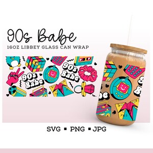 May include: A 16 ounce glass can wrap with a 90s theme. The wrap features a colourful pattern of 90s icons, including a Game Boy, a cassette tape, a scrunchie, a Rubik's Cube, and a Tamagotchi. The text "90s Babe" is repeated throughout the design.