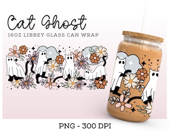 Cat Ghost Libbey Glass png, 16oz Glass Can, Fall Glass Cup png, uv dtf, Can Glass, Retro Cute Halloween