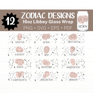 May include: Twelve black and white line art zodiac constellation designs with pink accents. Each design features a zodiac symbol and the name of the sign. The designs are arranged in a grid with the words "ZODIAC DESIGNS" and "16oz Libbey Glass Wrap" at the top.