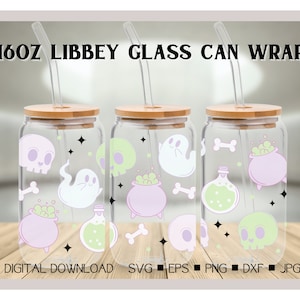 May include: Three 16oz glass can wraps with a Halloween theme. The wraps feature ghosts, skulls, cauldrons, bones, and stars in shades of purple, green, and white.