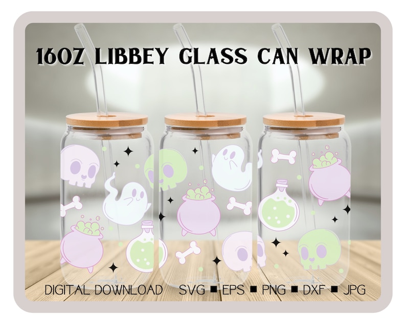 May include: Three 16oz glass can wraps with a Halloween theme. The wraps feature ghosts, skulls, cauldrons, bones, and stars in shades of purple, green, and white.