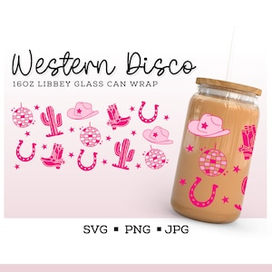 Disco Western Svg Libbey Glass, 16oz Glass Can Wrap, Retro Svg Trendy Svg, Western SVG, Cowgirl svg, Disco Ball Svg
