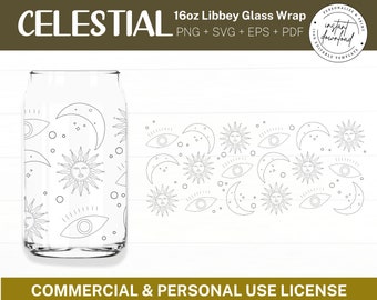 May include: A 16oz Libbey glass wrap design featuring a celestial pattern with suns, moons, and eyes. The design is in black and white and is available as a PNG, SVG, EPS, and PDF file.