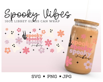 Spooky Vibes Halloween Libbey SVG, Glass Cup Svg, Halloween Can Glass, Libbey Glass Svg, Ghost Svg, Halloween SVG, Retro Halloween