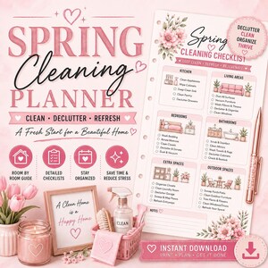 Könnte beinhalten: Ein Frühjahrsputz-Planer mit Checkliste, rosa Blumenakzenten und Texten wie Spring Cleaning Planner, Clean, Declutter, Refresh, A Fresh Start for a Beautiful Home und Instant Download. Enthält eine Kerze, ein Schild und einen Korb.