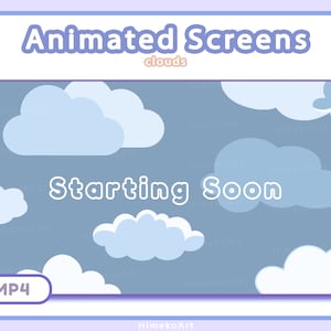 Può includere: Schermo animato a tema nuvole. Il design presenta nuvole azzurre su sfondo blu, con la scritta "Starting Soon" in bianco. L'immagine include anche il testo "Animated Screens" e "clouds".