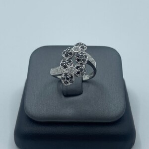 14k White Gold Black and White Diamond Flower Ring