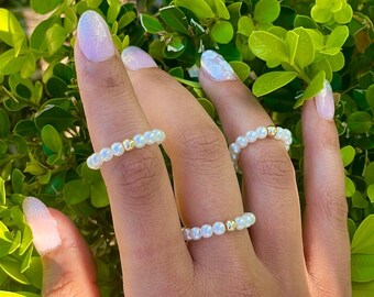 Pearl Ring • Beaded Ring • Elastic Ring• Stretch Ring• 14kt Gold Filled Ring•Wedding Ring Set•Delicate Ring• Mothers' day gift •Gift for her