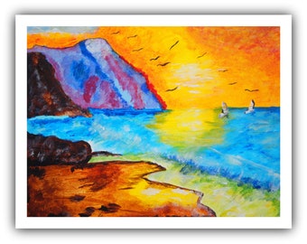 Soft California Coast Sunset Painting, Scenery Wall Art, Gentle Coastal Nature Decor (11x14 Canvas)