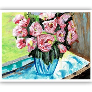 Romantic Rose Painting – Elegant Floral Art with Blue Vase Decor