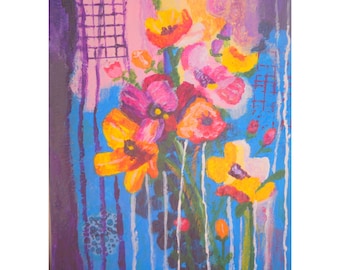 Vibrant Abstract Floral Painting, Mixed Media Wall Art (12x16 Canvas)