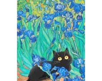 May include: A black cat with yellow eyes sits in a field of blue irises. The flowers are painted in a vibrant, impressionistic style, with thick brushstrokes and swirling colours.