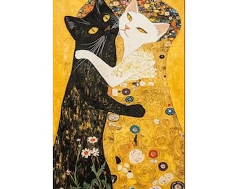 Gustav Klimt Black and Gold Cats Print, Whimsical Wall Art (Digital Download)