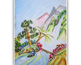 Bright Japanese Mountain Landscape Artwork, Scenery Wall Decor, Cheerful Yet Calm Mountain Scene (11x14 Canvas)