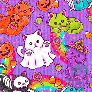 May include: A vibrant purple fabric pattern featuring cartoon cats dressed as Halloween characters, including a ghost, a witch, and a Frankenstein monster, interspersed with orange jack-o'-lanterns, colorful candy, and rainbow arcs.