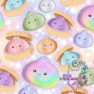 May include: A repeating pattern of cartoon dumplings with smiling faces in various colors including pink, purple, green, and rainbow gradients. Some dumplings are inside wooden steamer baskets, set against a light purple background with white stars.