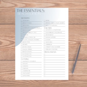 May include: A checklist with the title "The Essentials: Beach Edition" with a list of items to pack for a beach trip, including necessities, toiletries, clothing, and miscellaneous items.