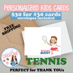 Kindertennis-personalisierte Dankesnotizen mit Umschlägen, kundenspezifische Mädchen- oder Jungentennisspieler-Mitteilungskarten für Trainer danke Karten, personalisiert