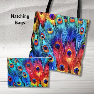 Peacock feathers tote bag, colorful bag, feathers tote, matching bag, tote bag, accessory bag, beautiful feathers bag, peacock feather bag
