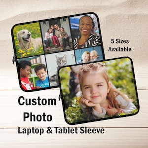 May include: Custom photo laptop and tablet sleeve with a collage of images including a dog, a cat, a family, and a young girl. The text "5 Sizes Available" is visible in the top right corner.