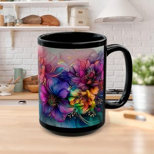 Floral Black Mug, personalized mug, stunning coffee mug, gift mug, flower lover gift, gift for floral lover, floral mug, birthday gift