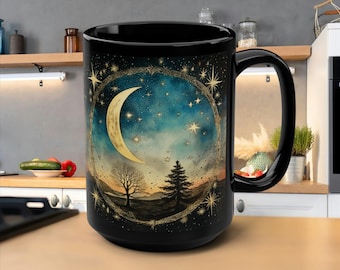 Celestial moon Black Mug, 15oz mug, celestial mug, moon lover gift, best mug, gift for celestial lover, boho coffee mug, celestial moon
