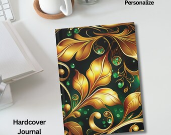 Golden leaves Journal, hardcover journal, journal lover gift, green gold lover notebook, diary, journal, colorful journal, golden leaves log